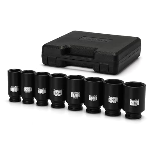 TecoTek 1/2" Drive Deep 6-Point Impact Socket Set, 8-Piece Standard SAE Spindle Axle Nut Impact Socket Set, Cr-Mo, 1-Inch to 1-1/2-Inch Size - size: 1-Inch to 1-1/2-Inch (8 pieces)