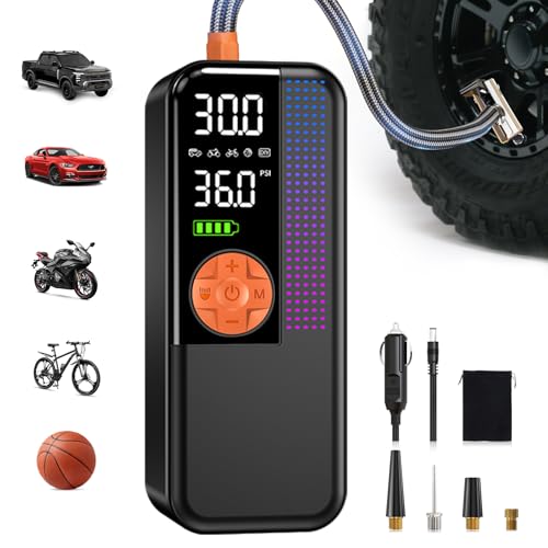 WEOLULI Tire Inflator Portable Air Compressor,150 PSI Cordless Air Pump, 12V DC Car Plug,Dual Power 10000mAh, Fast Inflation 24L/Min, 4 Preset Modes for Car, Bike, Motorcycle, Balls(Orange, 10000mAh) - color: Orange, size: 10000mAh