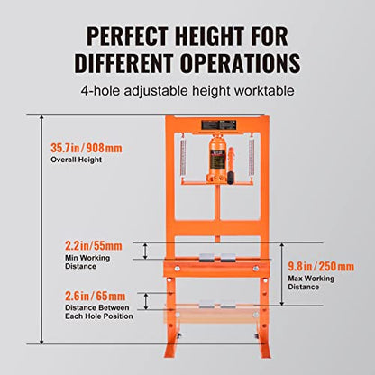 VEVOR Hydraulic 6 Ton H-Frame Garage Floor Adjustable Shop Press with Plates, 6T, Orange - size: 6T