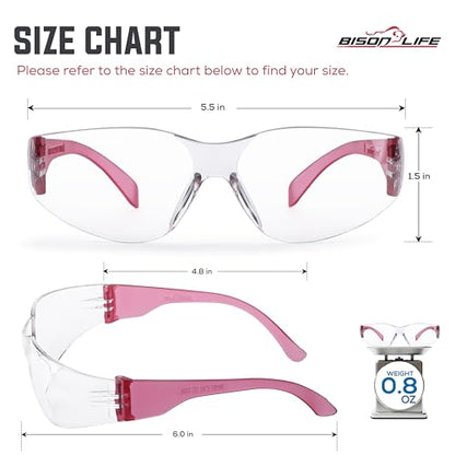 BISON LIFE Clear Safety Glasses – ANSI Z87.1 Certified Scratch & Impact Resistant Eye Protection Goggles for Men & Women - color: Clear/Pink