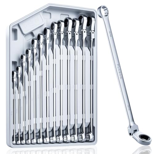 toolant Extra Long Ratcheting Wrench Set, Flex Head & Fixed Offset Head Double Box End Combination Wrench Set, CR-V Steel, SAE 5/16"-1", 13PCS with Storage Tray - size: 8mm