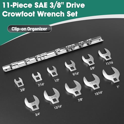 11-Piece Crows Foot Wrench Set, SAE Sizes from 3/8" to 1" Crowsfoot Wrenches Set Metric with Clip-on Organizer, Drive Flare Nut Wrench Tools for Mechanics Automotive Repair Work