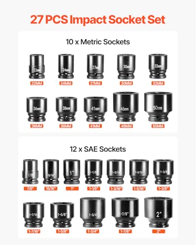 VEVOR Impact Socket Set, 3/4 Inches Socket Assortment, Drive Socket Set Impact Standard SAE (7/8 Inches to 2 Inches) & Metric Sizes (22 mm-50 mm), 27 Piece Standard Impact Sockets - style: 3/4" 27PCS