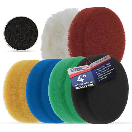 TCP Global 4 Inch Buffing Pads Set - 5 Smooth Flat Foam Buffer Pads & 1 Wool Pad for Orbital Buffers, DA Polish Pad for Paint Correction, Polishing Kit for Auto & Boat Gelcoat Detailing