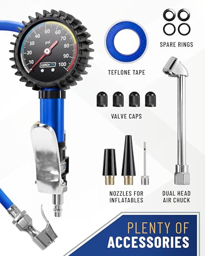 GERCHWAY Tire Inflator with Pressure Gauge Heavy Duty Air Chuck with Gauge for Air Compressor Tire Inflator Attachment - 100PSI, with Case - size: Schrader with Case