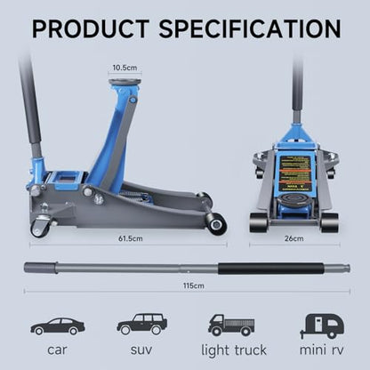 LARBANKE 3 Ton Low-Profile Hydraulic Floor Jack,Built with Durable Carbon and Steel,Floor Jack with Dual Pump System for Fast Lifting,6600Lbs Capacity,Lifting Range:3.15-18.31" - size: 465mm