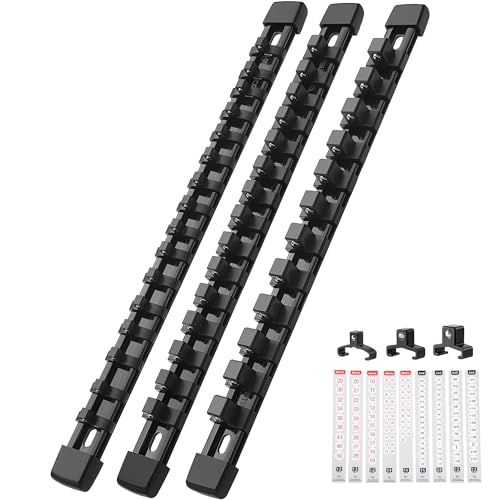 Reniteco 3-Pack Socket Organizer Set, 1/4" x 16 3/8" x 15 1/2" x 12 Clips | 43 Clip Capacity, Havy-Duty ABS Socket Rails, Removable Clips, Drive Socket Storage, Toolbox Drawer or Wall Mount - color: Black, size: 3 Pcs