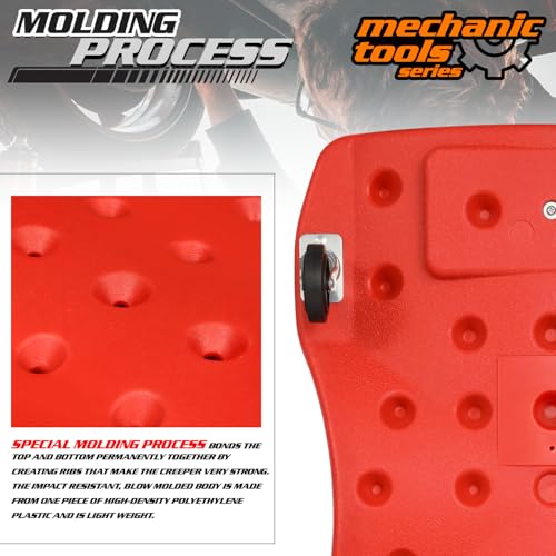 M-AUTO Mechanic Plastic Creeper with Dual Tool Trays, 48" Ergonomic Rolling Garage Shop Creeper with Padded Headrest, 4 Noiseless Casters 350LBS Capacity Red - color: Red