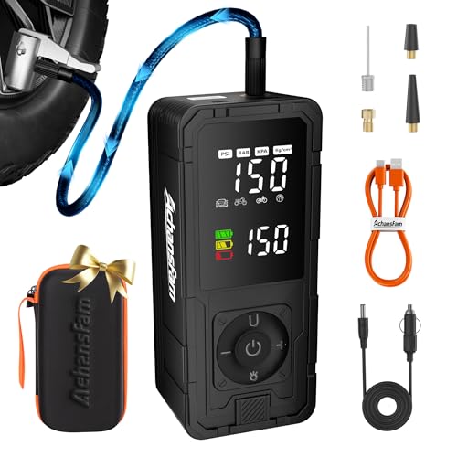 P10 33s Fast Inflation Tire Inflator Portable Air Compressor with 20" Hose,150 PSI Cordless Air Pump with Dual Power Supply,Digital Gauge, Auto Shut-Off for Car, Truck, MPV, Bike, Ball - color: Black