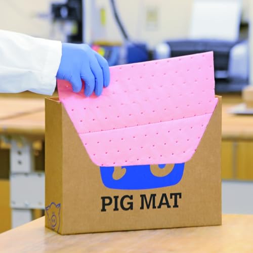PIG Hazmat Chemical Absorbent Mat Pad in Box Dispenser| 10" W x 13" L | Absorbs 2.5 gallons | Box of 25 Pads | Heavyweight | PMB30618