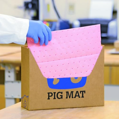PIG Hazmat Chemical Absorbent Mat Pad in Box Dispenser| 10" W x 13" L | Absorbs 2.5 gallons | Box of 25 Pads | Heavyweight | PMB30618