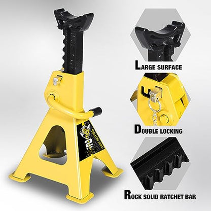 YELLOW JACKET 2 Ton Jack Stands with Double Locking and Large Foot Base for Lifting Car, Heavy Duty Steel, 4,400 lb Capacity, Yellow, 1 Pair - color: yellow, size: 2 ton double locking and upgraded base