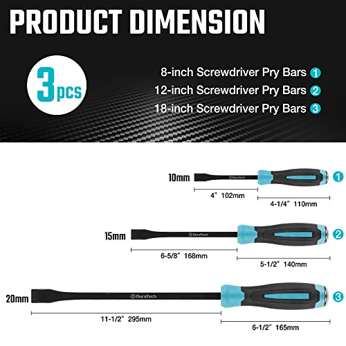 DURATECH 3-Piece Pry Bar Set, 8", 12" and 18", Hammer Strike Cap | Black Oxide Finish, Corrosion Resistance, Extra Leverage, for Narrow Spaces, Angled Tip for Prying and Moving Objects