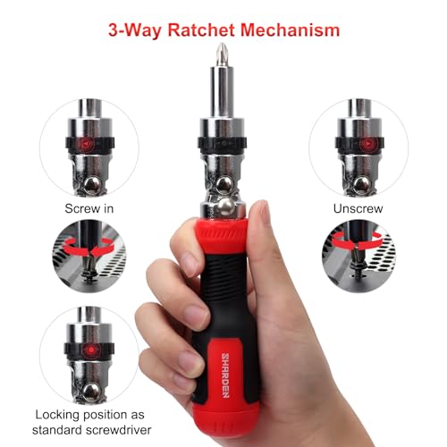 SHARDEN Ratcheting Screwdriver 13-in-1 Multibit Screwdriver All in One Screwdriver Set with Phillips, Flat Head, Torx Security, Hex, Robertson, 180 Degree Pivoting Adjustable Angled Screw Driver Set - color: Red