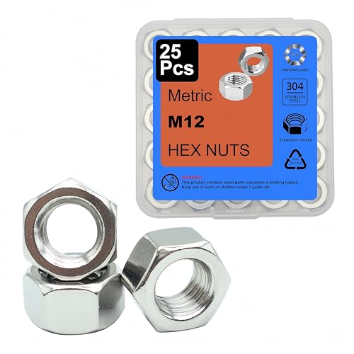 25 Pcs M12-1.75 Hex Nuts, 304 Stainless Steel | Standard Metric Coarse Thread, Hardware Nuts - size: M12 (25Pcs)