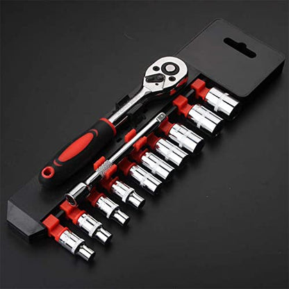 1/4” Ratchet Socket Wrench Set, Mechanic Tool Kit and Sockets Set with Quick Release Reversible Ratchet Handle and Extension Bar, 12 Pcs Set - size: 1/4” Drive 12Pcs