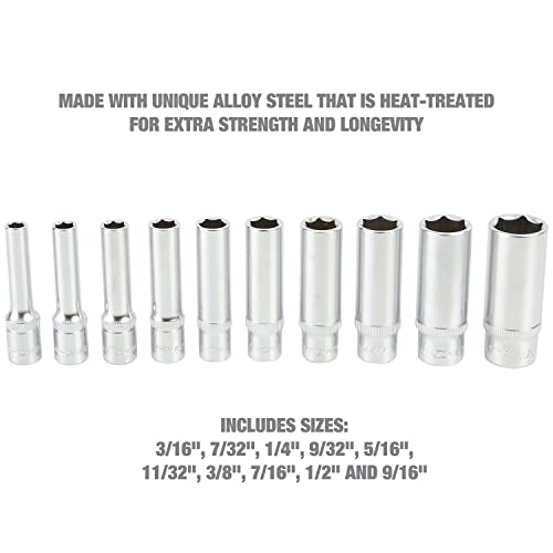 OEMTOOLS 23985 10 Piece 1/4" Drive Deep Socket Set, SAE Sizes 3/16"-9/16", Rust-Resistant 1/4 Drive Socket Set, EVA Storage Tray, Heat-Treated Alloy Steel Sockets - style: 1/4" SAE