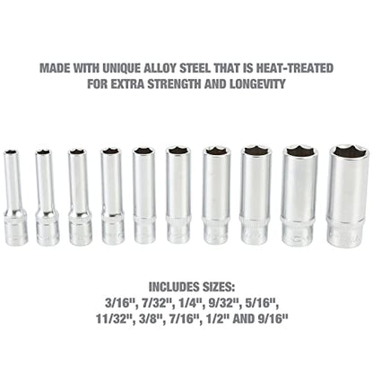 OEMTOOLS 23985 10 Piece 1/4" Drive Deep Socket Set, SAE Sizes 3/16"-9/16", Rust-Resistant 1/4 Drive Socket Set, EVA Storage Tray, Heat-Treated Alloy Steel Sockets - style: 1/4" SAE