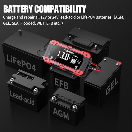 12A Smart Car Battery Charger, 12V/24V Automatic Battery Maintainer & Desulfator - Compatible with LiFePO4 Lithium, AGM, Gel, SLA, Lead-Acid for Truck, Motorcycle, Lawn Mower, Boat
