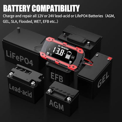 12A Smart Car Battery Charger, 12V/24V Automatic Battery Maintainer & Desulfator - Compatible with LiFePO4 Lithium, AGM, Gel, SLA, Lead-Acid for Truck, Motorcycle, Lawn Mower, Boat
