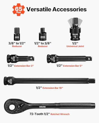 VEVOR 1/2" Drive Impact Socket Set, 65 Piece Socket Set SAE 3/8" to 1-1/4" and Metric 10-24mm, 6 Point Cr-V Alloy Steel for Auto Repair, Rugged Construction, Easy-to-Read Size Markings, Storage Case - style: 1/2" 65PCS