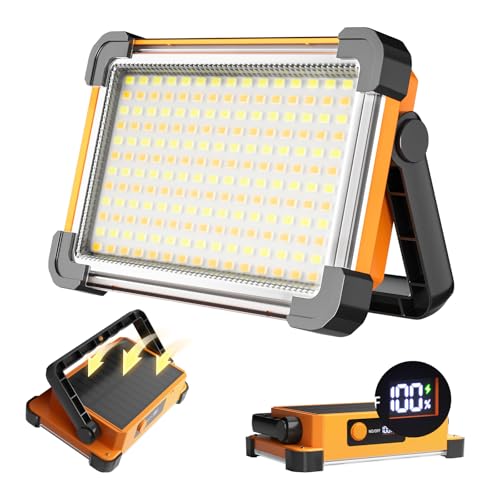 150W Solar Rechargeable Work Light, 180 LED 10000LM Portable Flood Light, IP65 Waterproof 3 Modes, with Stand, for Job Site Home Repair Camping Fishing Garage Workshop Emergency