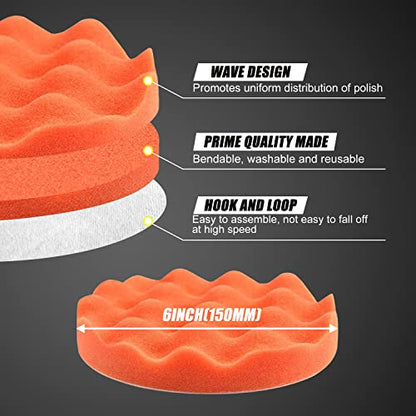 POLIWELL 11 PCS 6 Inch Car Polishing Sponge Pads Kit | 8mm M14 Drill Adapter, Wool Bonnets, Buffing for Household Electric Auto Polisher, Washing Cleaning Waxing Dusting - size: 6 Inch