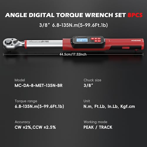 3/8" Drive Digital Angle Torque Wrench 5-99.6 Ft.lb (6.8-135 N.m), Angle Measurement 0.1° with LED Display & Buzzer, for DIY Auto Car Motorcycle Repair & Engineering - size: Angle 3/8" 6.8-135N.m/5-99.6Ft.lb