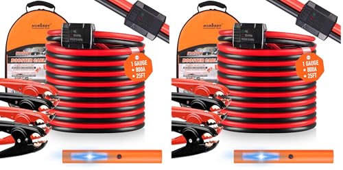 HORUSDY 25FT Jumper Cables, 1-Gauge 800A Heavy Duty Jumper Battery Cables 25 Ft Booster Jump Start, Reverse Polarity Protection - ETL Certified (Pack of 2)