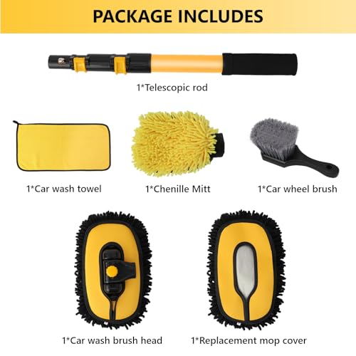 Car Wash Brush with Long Handle, 15°Curved Car Cleaning Brush with Replaceable Head Cover, Truck Washing Brushwith Telescopic Handle Wash Mop Kit 5PCS - color: Yellow