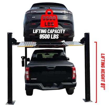 KT-4H950 3.0 HP Heavy Duty with Oil Tray, Jack Tray 84.5'' lifting Height 4 Post Car Lift Auto Parking Lift Aluminous Ramp with Casters