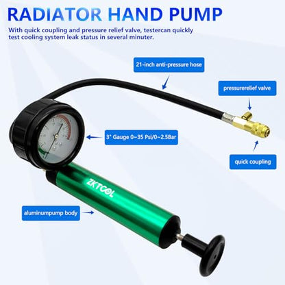 ZKTOOL Aluminum Automotive Cooling System Radiator Pressure Tester Tool,Pressure Test Pump with Pressure Gauge, Aluminum Hand Pump.Compatible with adapters for Various car Models.