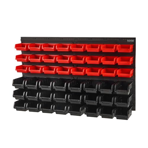 VEVOR 48-Bin Wall Mounted Storage Bins Parts Rack Organizer Garage Shop Tool Organizer for Screws, Nuts, Bolts, Nails, Beads, and Small Hardware Parts, With Wall Panels - style: 48-Bins