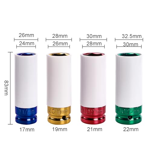 Okllen 4Pcs 1/2 Inch Drive Lug Nut Socket Set, Wheel Protector Thin Wall Socket, 17mm, 19mm, 21mm, 22mm, Impact Socket, CR-MO Steel