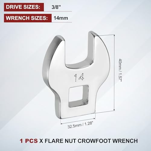 HARFINGTON Drive Crowfoot Wrench 3/8 Inch 14mm Metric Flare Nut Wrench CR-V Steel Electroplating Open End Crowfoot Spanner for Automotive Repair Mechanics, Bright Silver - size: 3/8 Inch x 14mm