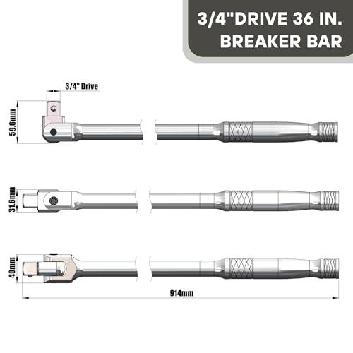 3/4” Drive 36-inch Breaker Bar with 180° Flex Head | High Alloy Steel Heavy-Duty Long Handle Torque Bar for Truck, Industrial, and Construction Applications - size: 3/4" Drive x 36"