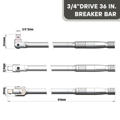 3/4” Drive 36-inch Breaker Bar with 180° Flex Head | High Alloy Steel Heavy-Duty Long Handle Torque Bar for Truck, Industrial, and Construction Applications - size: 3/4" Drive x 36"