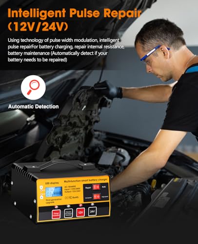 Outerman Car Battery Charger,12V-12A/24V-8.5AMH Smart Automatic Battery Charger,High/Low Power Trickle Charger Battery Maintainer and Desulfator,for Motorcycle Lawn Mower Marine Lead Acid Batteries - color: Black Yellow