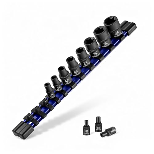 WORKPRO 11PCS E-Torx Socket Set, 1/4" 3/8" Drive Star Socket Set, CR-V Steel External Torx Socket Set (E4-E20 Socket) with PVC Socket Organizer, Ideal for Motorcycle, Automotive, and Mechanical Repair