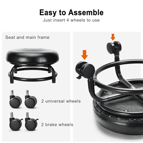 Low Height Rolling Stool Low Roller Stool PU Leather Comfortable Chair, Modern Low Rolling Stool for Home Office Garage Shop