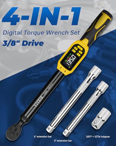 YIYEIE Digital Torque Wrench 3/8" Drive | 5-99.5 ft-lb | ±1% Accuracy | Smart Alert Multi | Electric Torque Wrench Digital for Bike/Moto/Auto, 2 Extension Bars Reach Tight Spaces