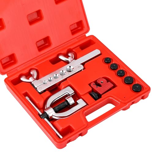 Brake Line Double & Single Flaring Tool Kit with Tubing Cutter | 45° Flare Tool Set with 5 Adapters for Copper, Aluminum & Brass Tubing, Brake Line Flaring Tool Kit