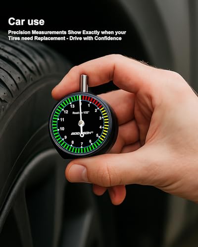GODESON Tire Tread Depth Gauge - Analog Dial with Color-Coded (Red/Yellow/Green) for Accurate Tire Wear Measurement, 32NDS, Metal Build, Fit for Cars, Trucks & DIY (Includes Protective Pouch) - color: Black