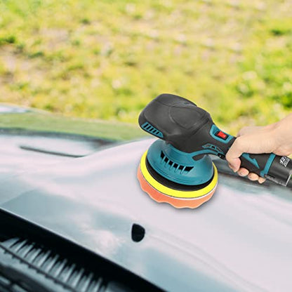 Car Polisher 6 Variable Speed Battery Powered Cordless Powerful Motor Ergonomic Handle Car Polishing Dual Action Car Buffer Polisher with Gloves Apron Set (Blue)