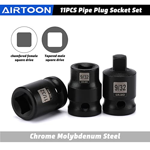 3/8" Drive Pipe Plug Socket Set, 11-Piece, SAE, CR-MO, Tapered Male Square Drive, Chamfered Female Square Drive - size: 3/8" Drive