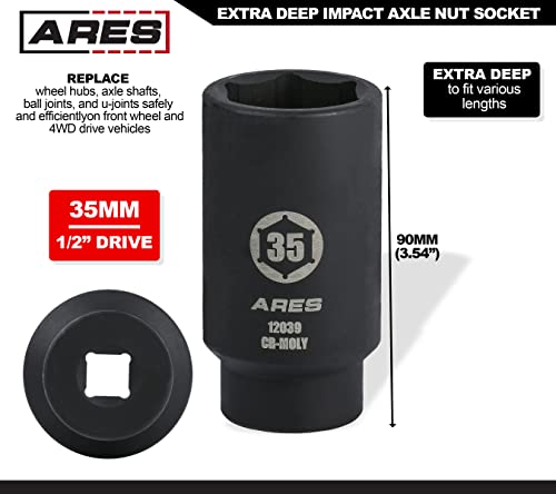 ARES 12039 35MM Axle Nut Socket, 6 Point Socket | Extra Deep 1/2-Inch Drive Impact Socket for Easy Removal of Axle Shaft Nuts - size: 35mm 6-Point