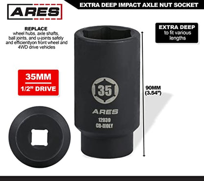 ARES 12039 35MM Axle Nut Socket, 6 Point Socket | Extra Deep 1/2-Inch Drive Impact Socket for Easy Removal of Axle Shaft Nuts - size: 35mm 6-Point
