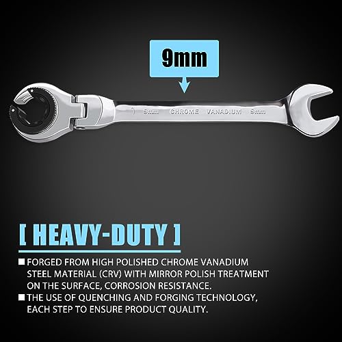 LOSCHEN 1 PC 9mm Open Flex-Head Ratcheting Wrench, Metric Ratcheting Spanner with 83 Teeth, Chrome Vanadium Steel Tubing Ratchet Spanner - size: 9mm