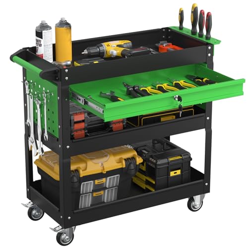 3 Tier Heavy Duty Rolling Tool Cart with Drawers, Large Storage Utility Cart on Wheels for Garage, Warehouse, Repair Shop (Black&Green) - color: Black&green