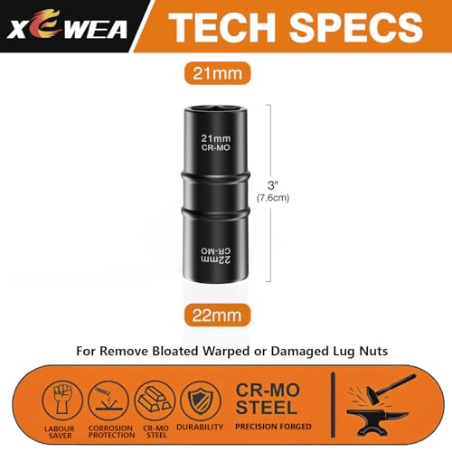 XEWEA 1/2 Inch Drive 21mm x 22mm Thin Wall Impact Flip Socket, Lug Nut Impact Socket Set Double Ended Thin Wall Nut Sockets CR-MO Twist Removal Tool for Stripped Rusted Bolts - size: 21 mm x 22 mm